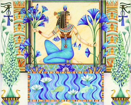 Priestess with blue lotuses and green Papyruses in background